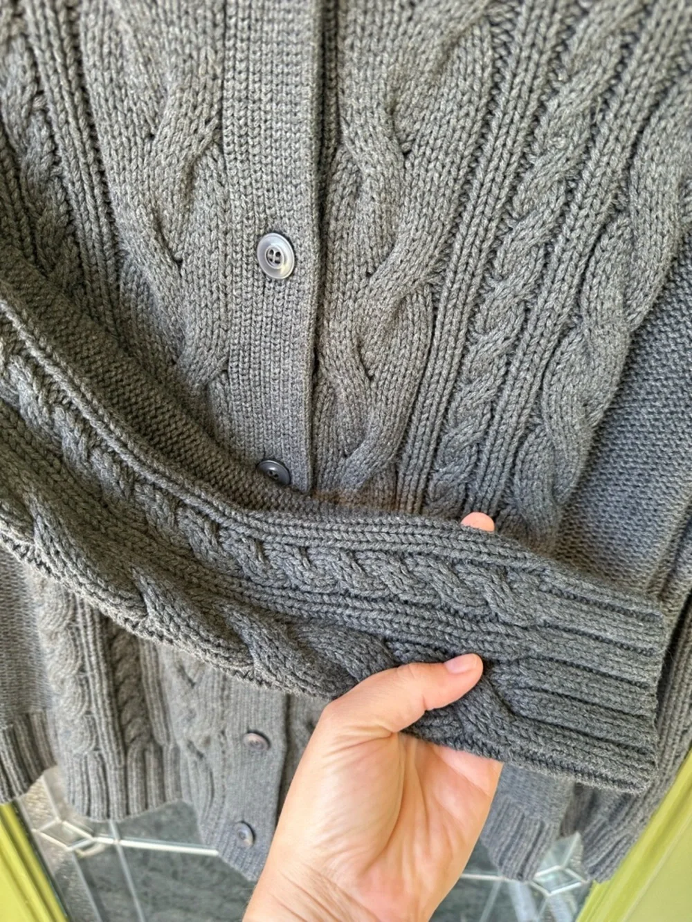 LL BEAN Womens XL Fisherman Cable Knit Button Up Grey Cardigan Sweater Heavy